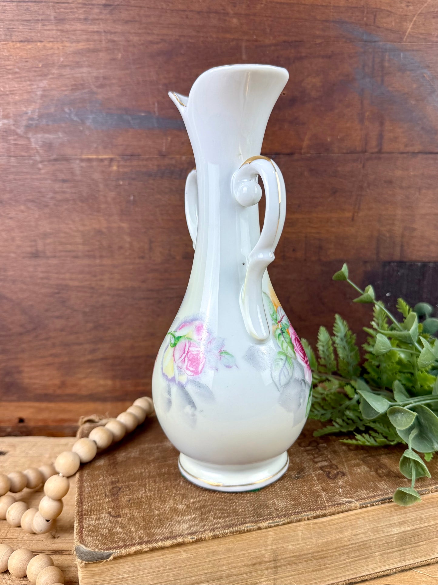 Vintage Porcelain Arnart Floral Double Handle Vase