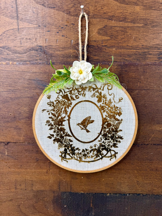 Upcycled Embroidery Hoop Wall Art with Gold Bird
