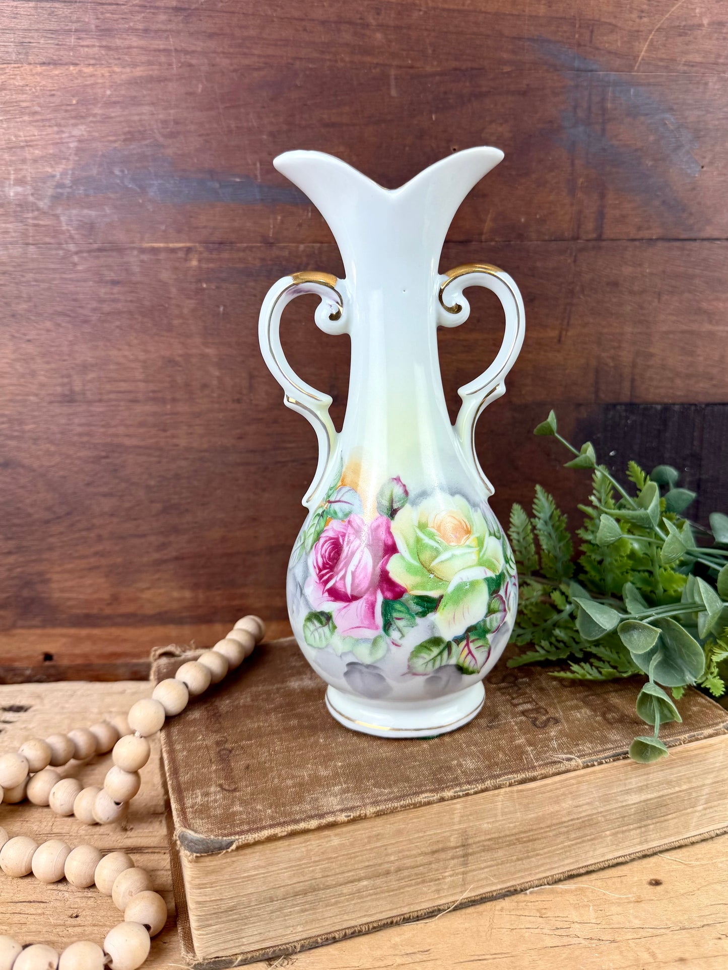 Vintage Porcelain Arnart Floral Double Handle Vase