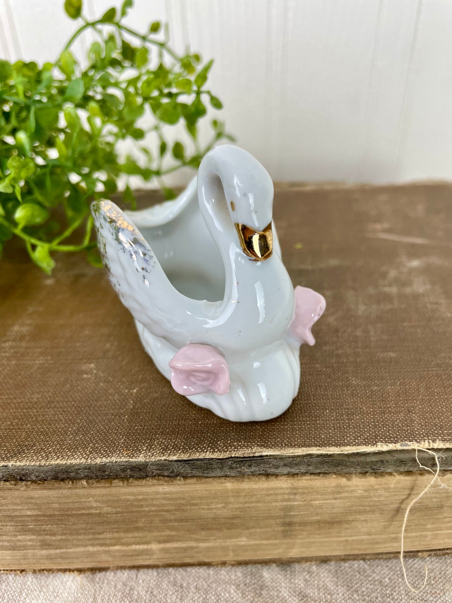 Vintage Porcelain Swan Toothpick Holder with Pink Flowers