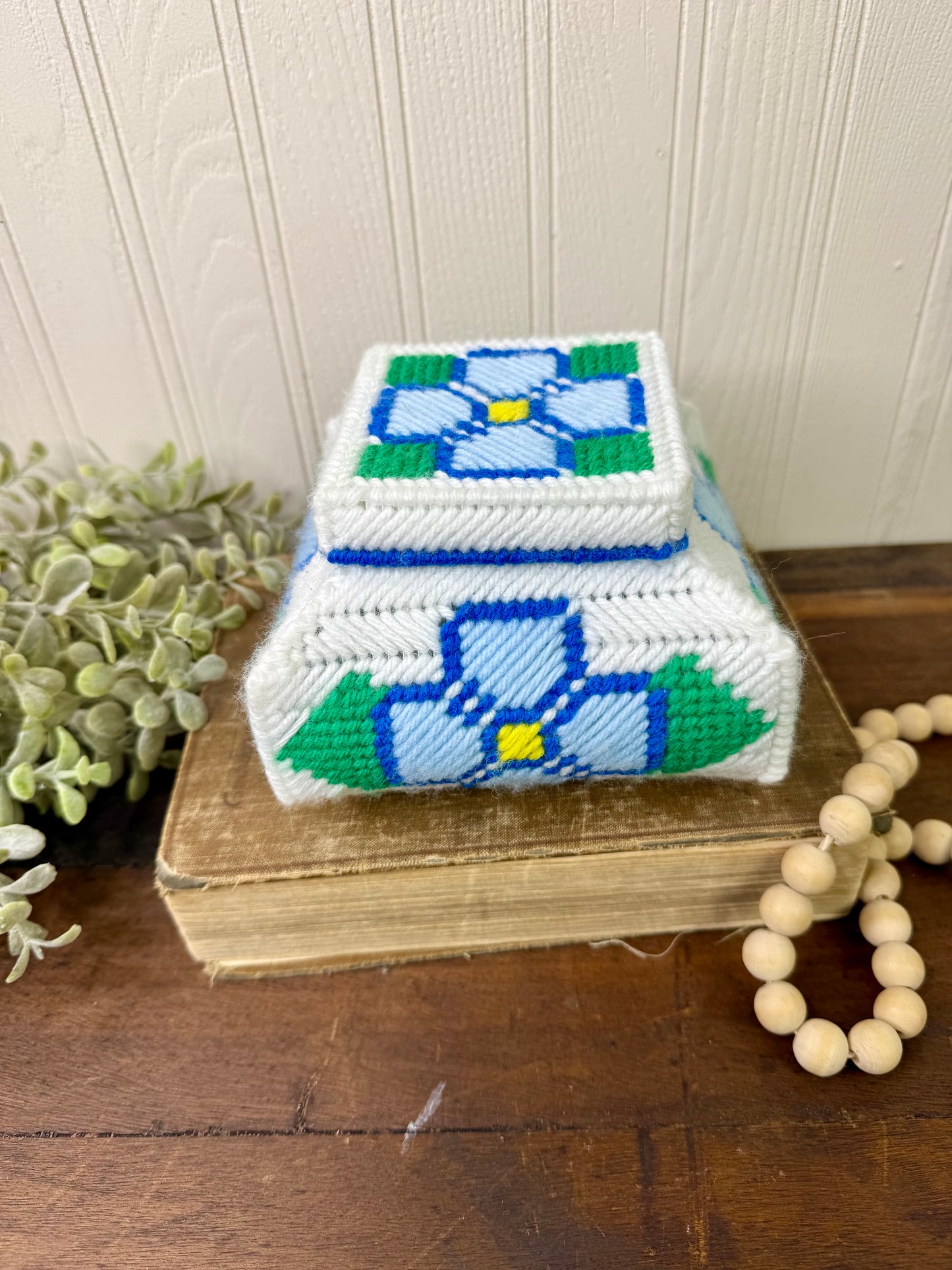 Vintage Plastic Canvas Storage Box with Blue Flowers