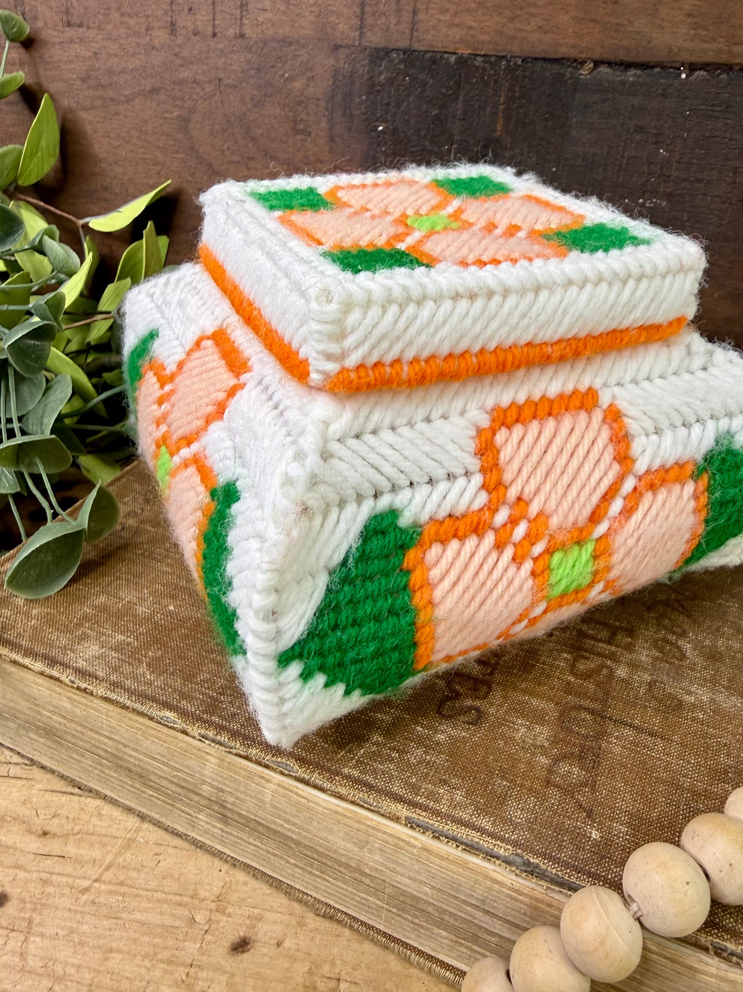 Vintage Plastic Canvas Storage Box with Orange Flowers