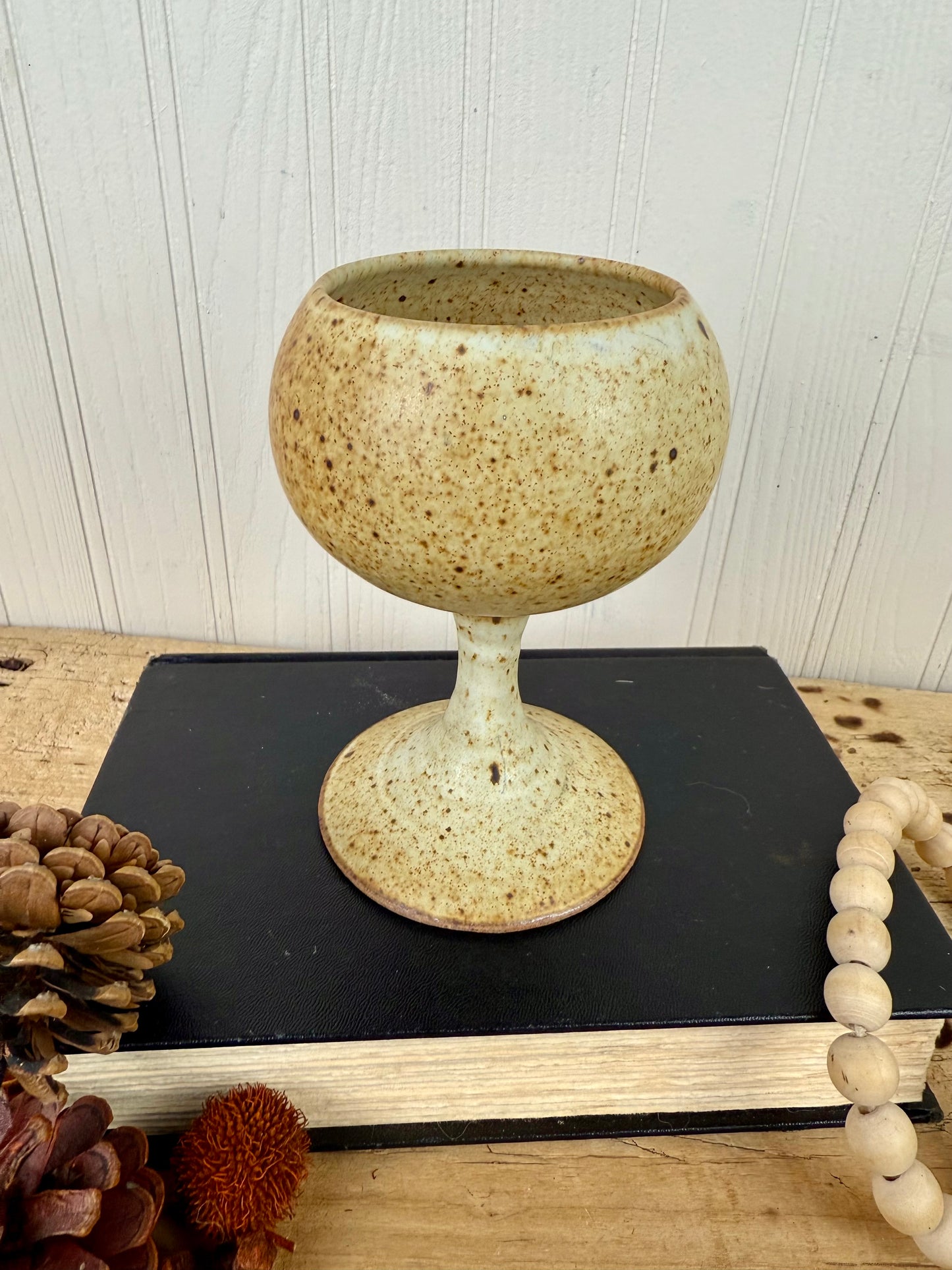 Vintage Handmade Speckled Stoneware Pottery Wine Goblet