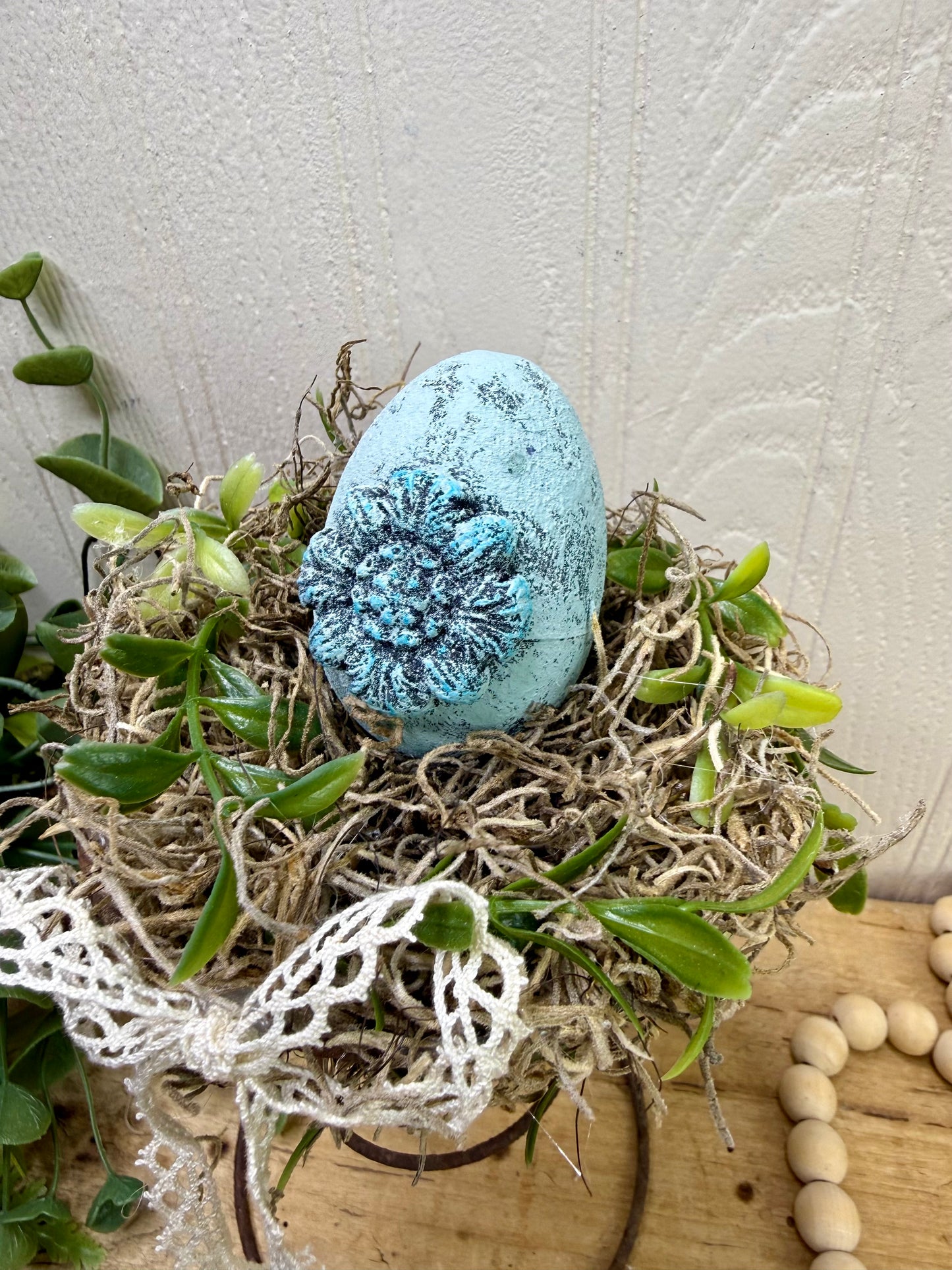 Handmade Rustic Bed Spring Nest with Baby Blue Egg