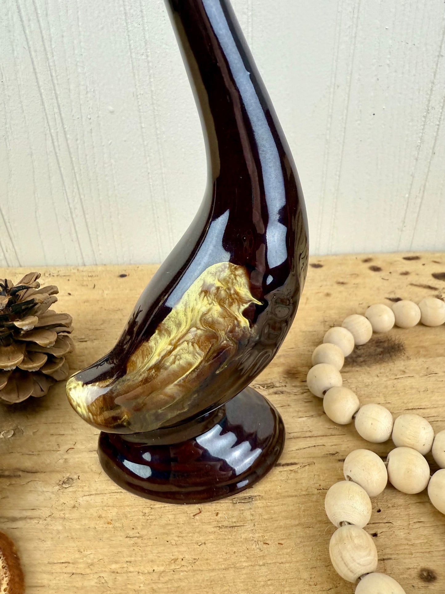 Vintage Enesco Redware Pottery Swan with Drip Glaze