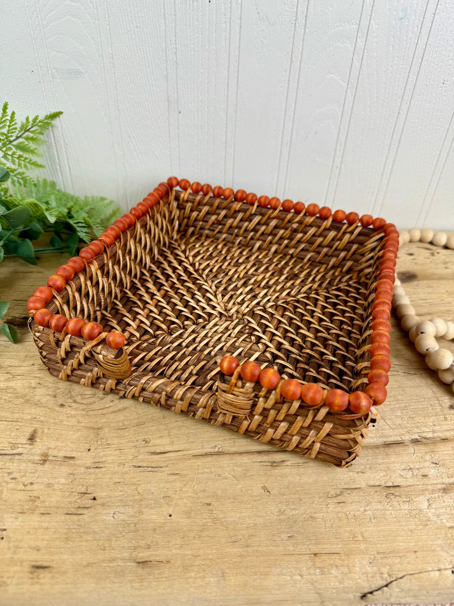 Vintage Wicker Napkin Basket with Beaded Trim
