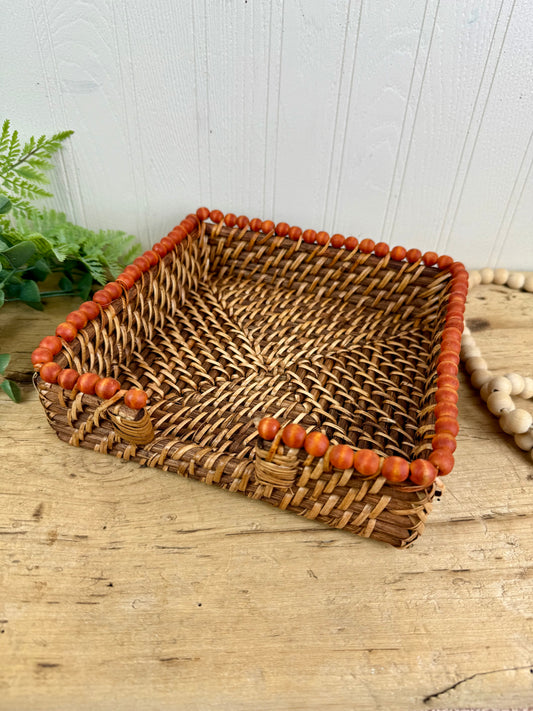 Vintage Wicker Napkin Basket with Beaded Trim