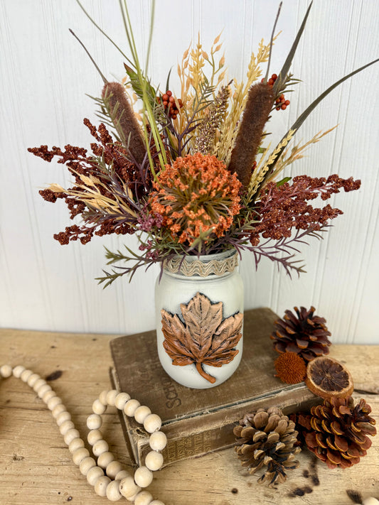 Handmade Upcycled Small Mason Jar Fall Floral Arrangment