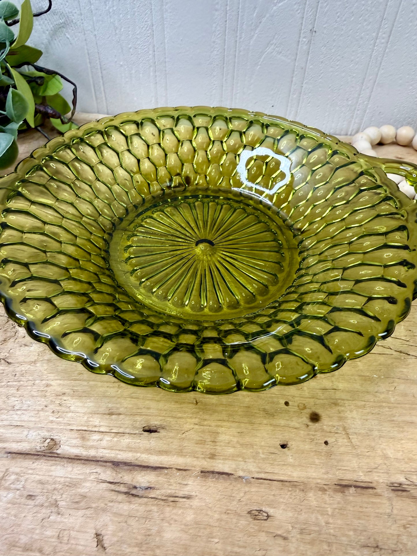 Vintage Indiana Glass Avocado Green Two-Handled Relish Dish