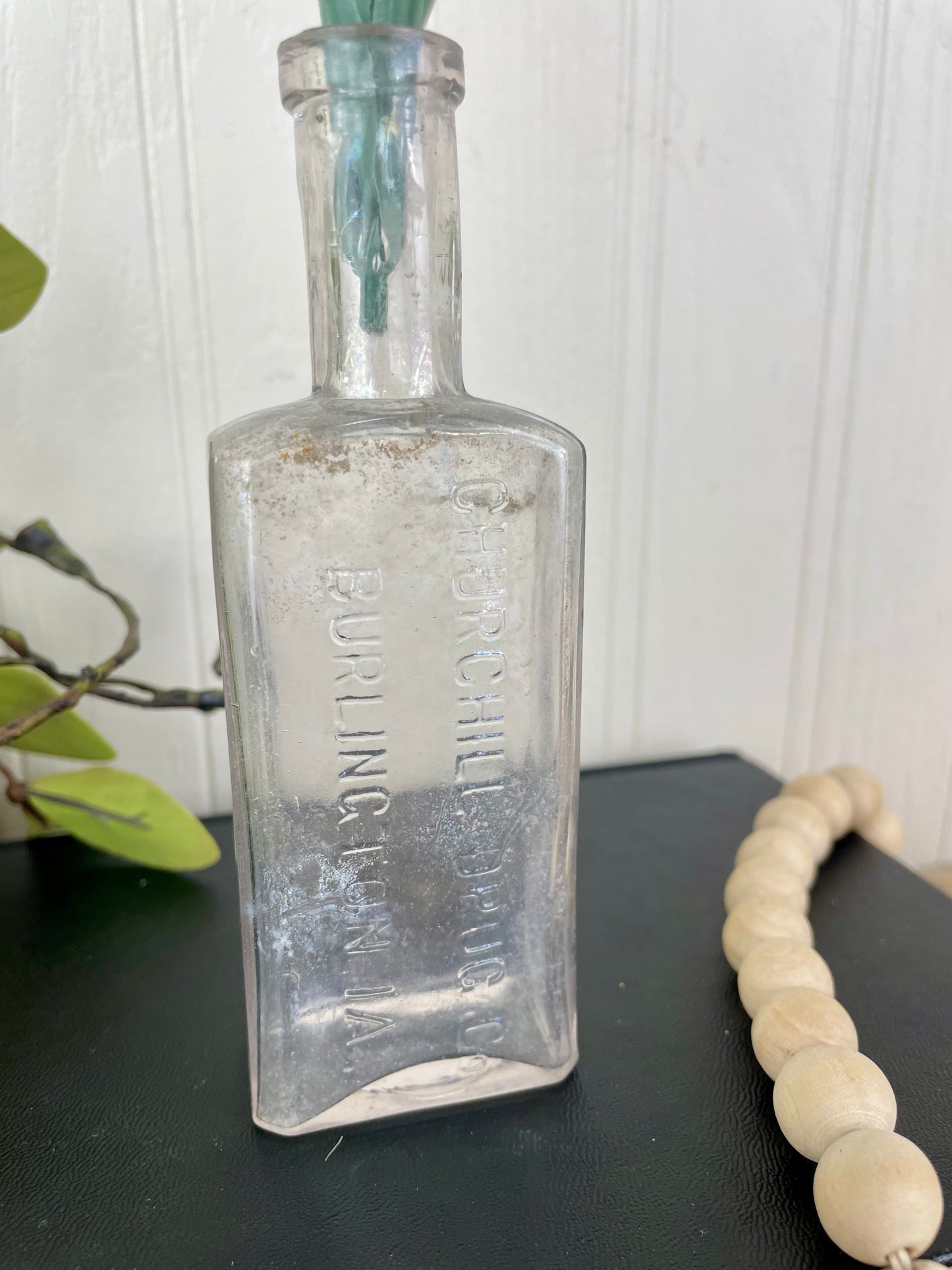 Vintage Burlington Iowa Medicine Bottle with Greenery