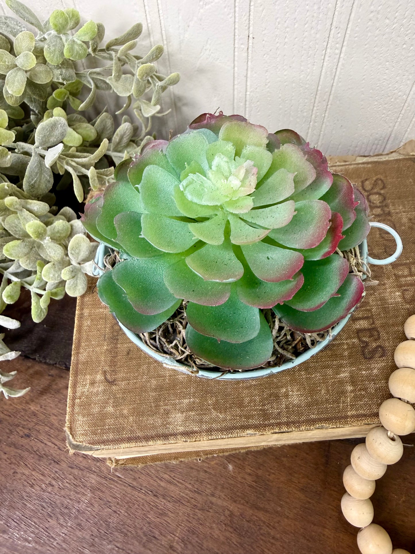 Upcycled Mini Washtub Faux Succulent Plant- Blue