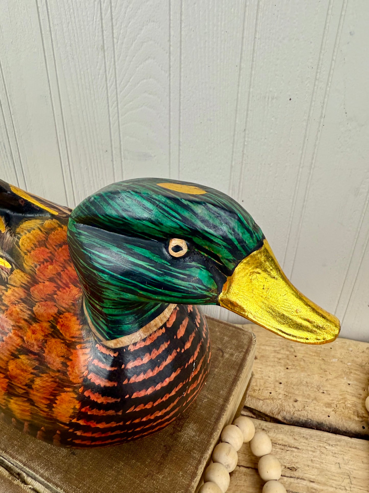 Vintage Hand Carved Wooden Duck with Golden Details