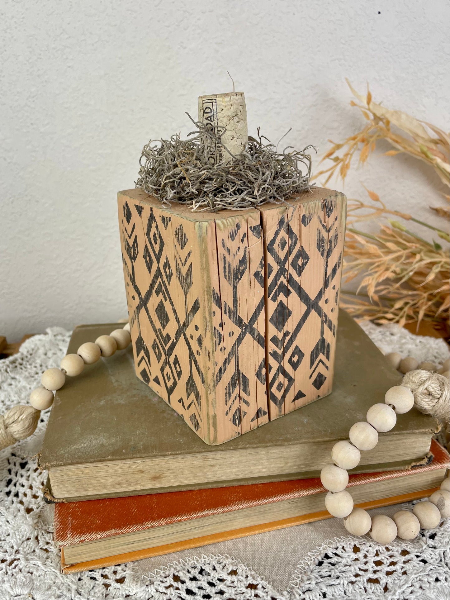 Handmade Reclaimed Wood Light Orange Block Pumpkin with Stamped Tribal Details