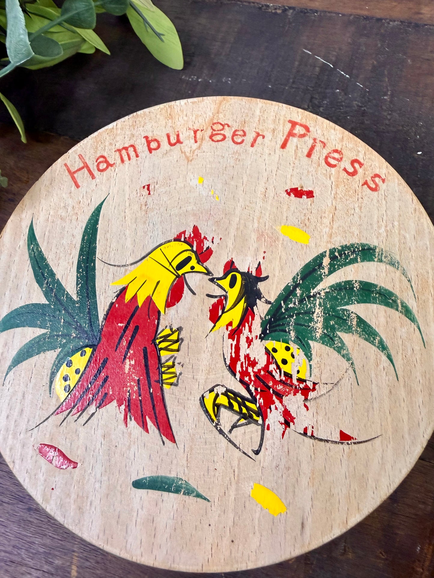 Vintage Wooden Hamburger Press with Roosters