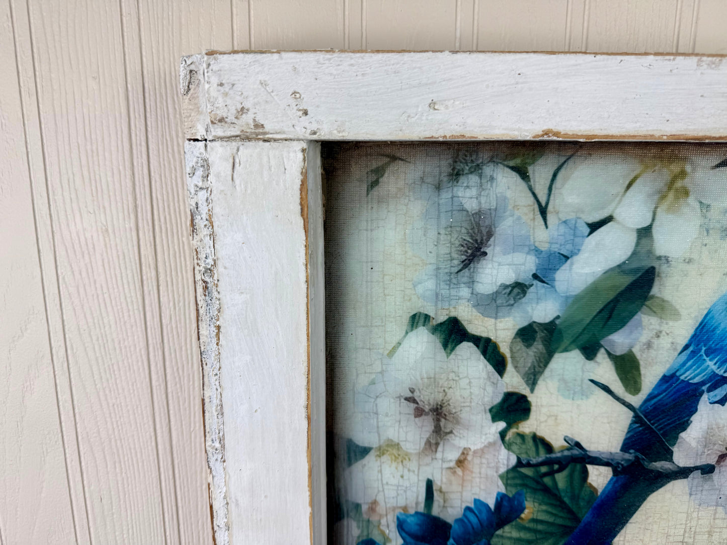 Handmade Upcycled Blue Bird Window Wall Art with Hanging Hooks- Shipping Included