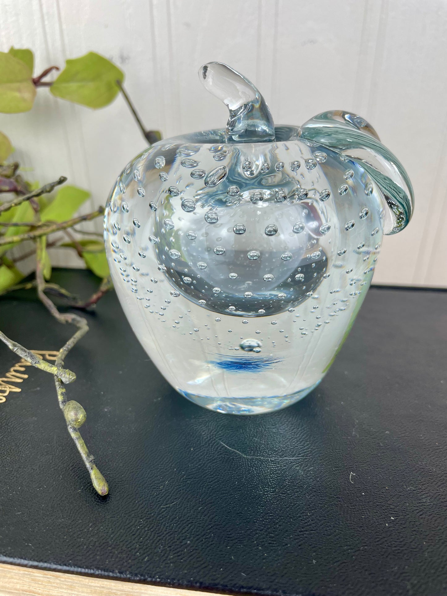 Vintage Clear Bubbled Art Glass Apple Paperweight