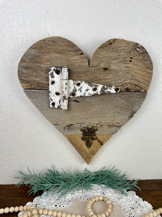 Handmade Barn Wood Heart with Rustic Hinges- E