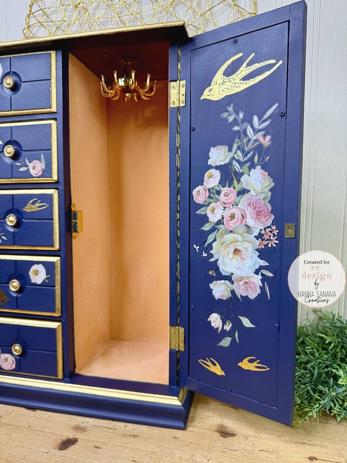 Upcycled Navy & Gold Jewelry Box with Pink Florals