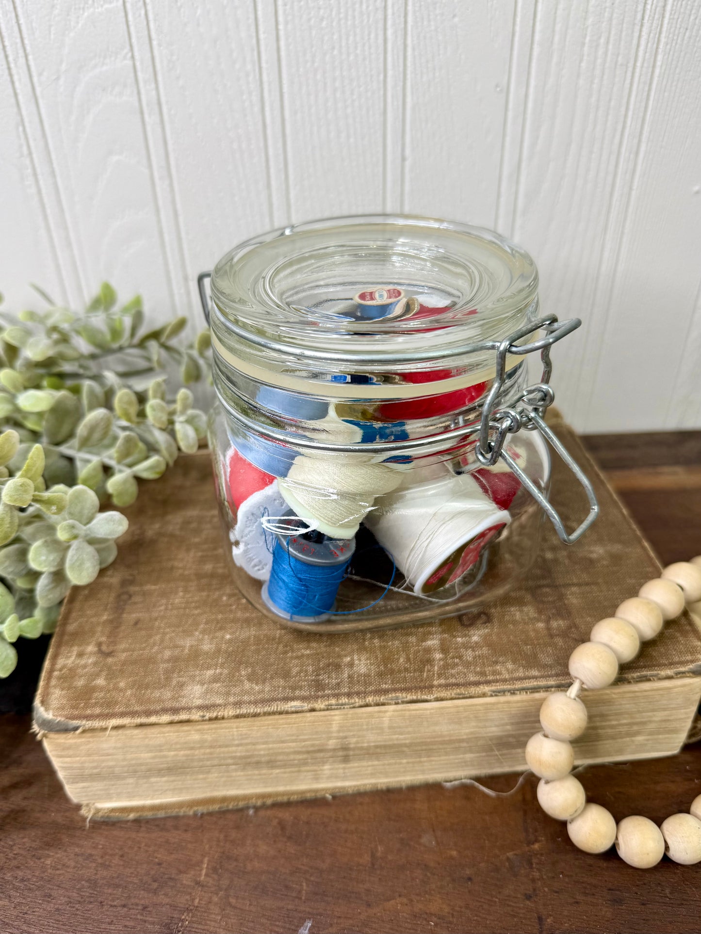 Vintage Glass Clasp Jar with Thread Spools