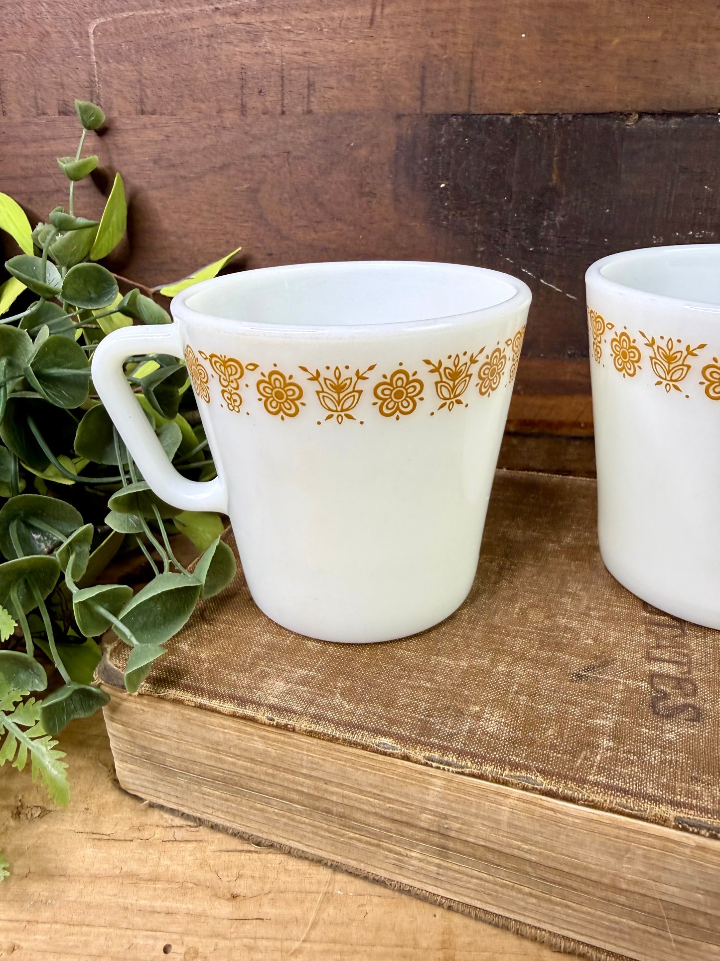Vintage Pyrex Butterfly Gold Milk Glass Mug Set