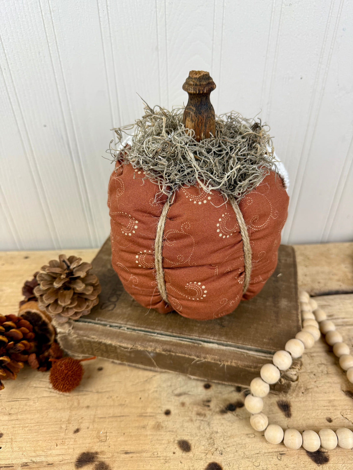 Handmade Plush Pumpkin with Doily Leaves #2