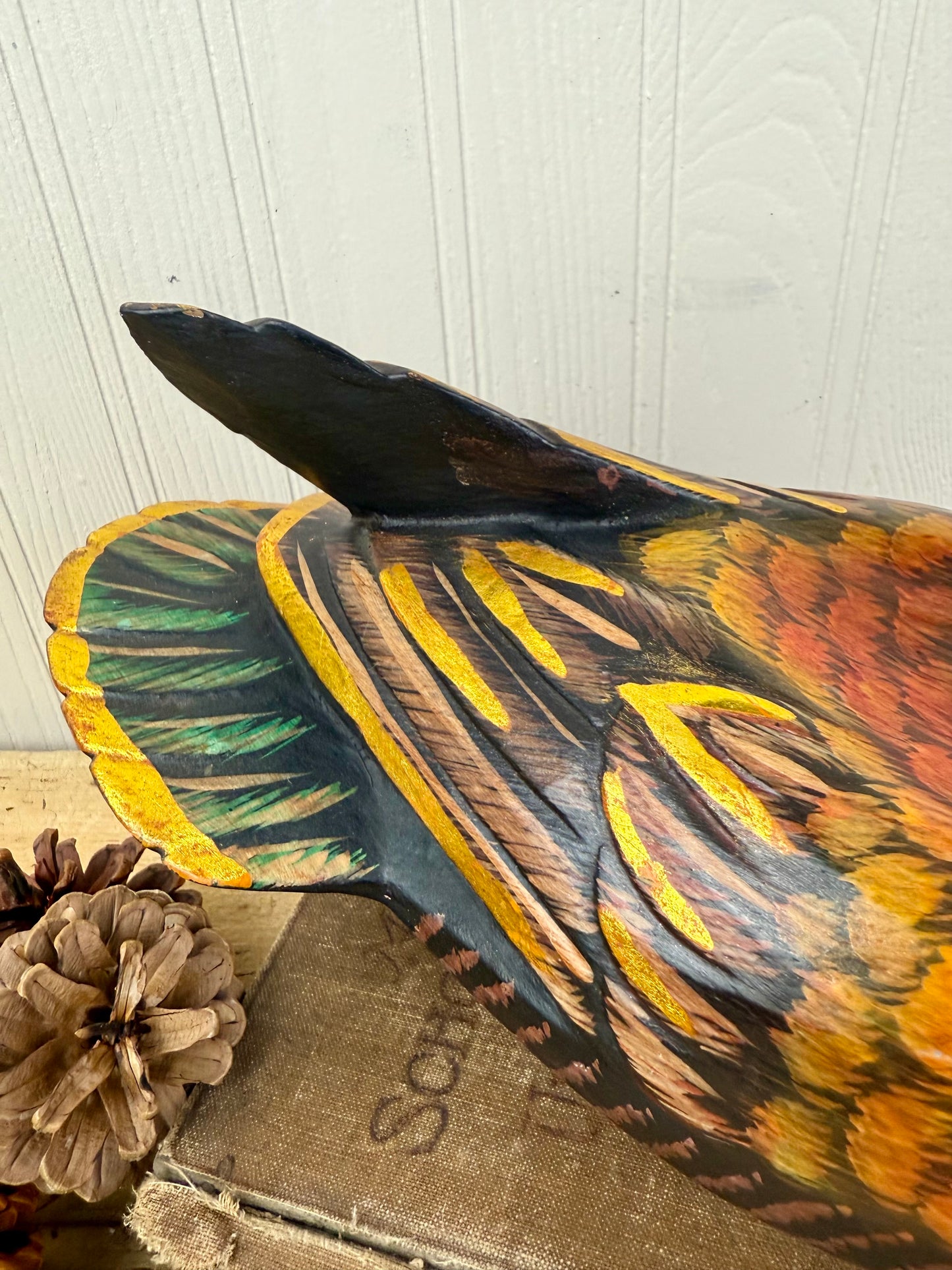 Vintage Hand Carved Wooden Duck with Golden Details