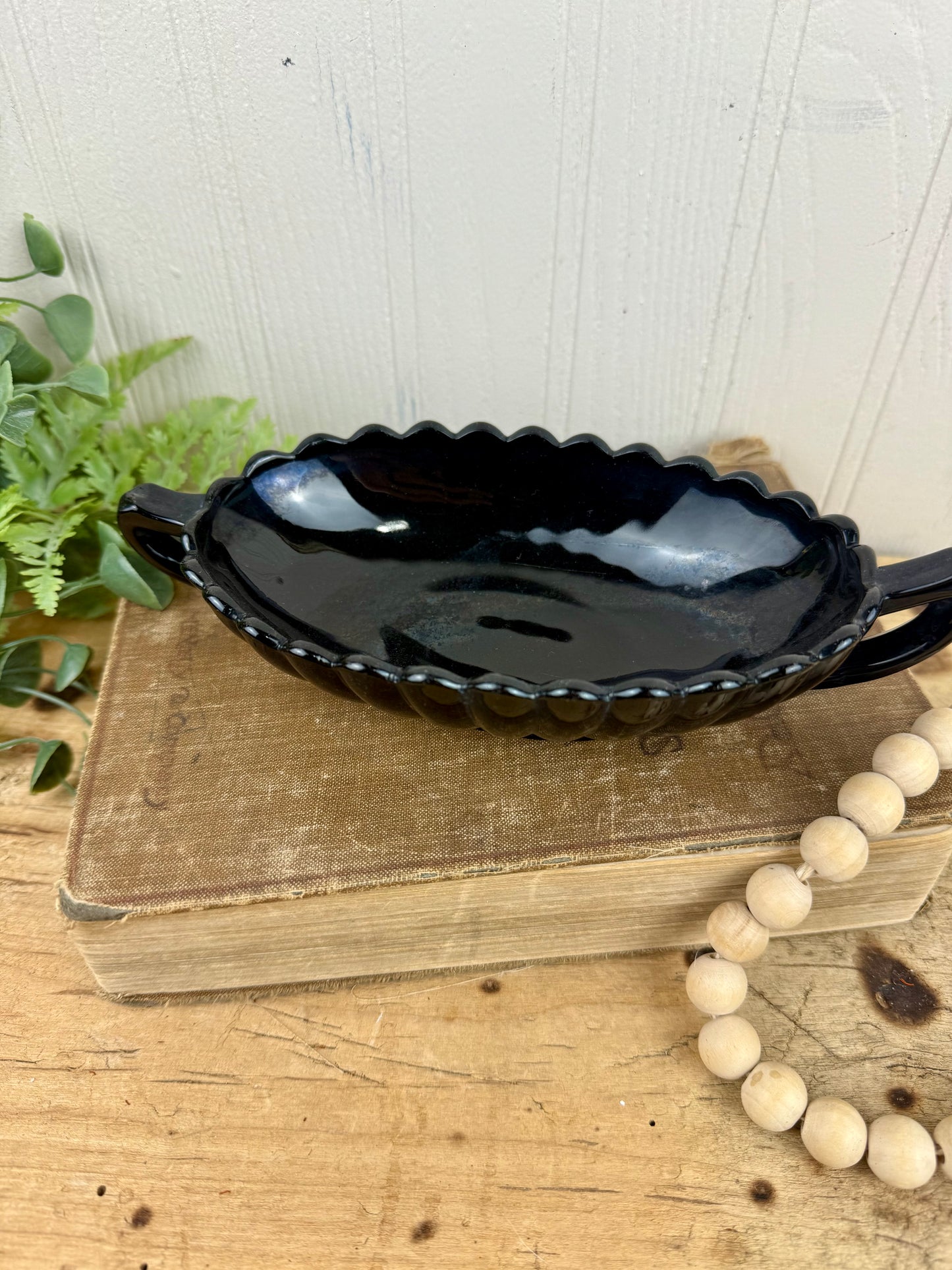 Vintage 1940’s Imperial Glass Pillar Flute Black Glass Pickle Dish