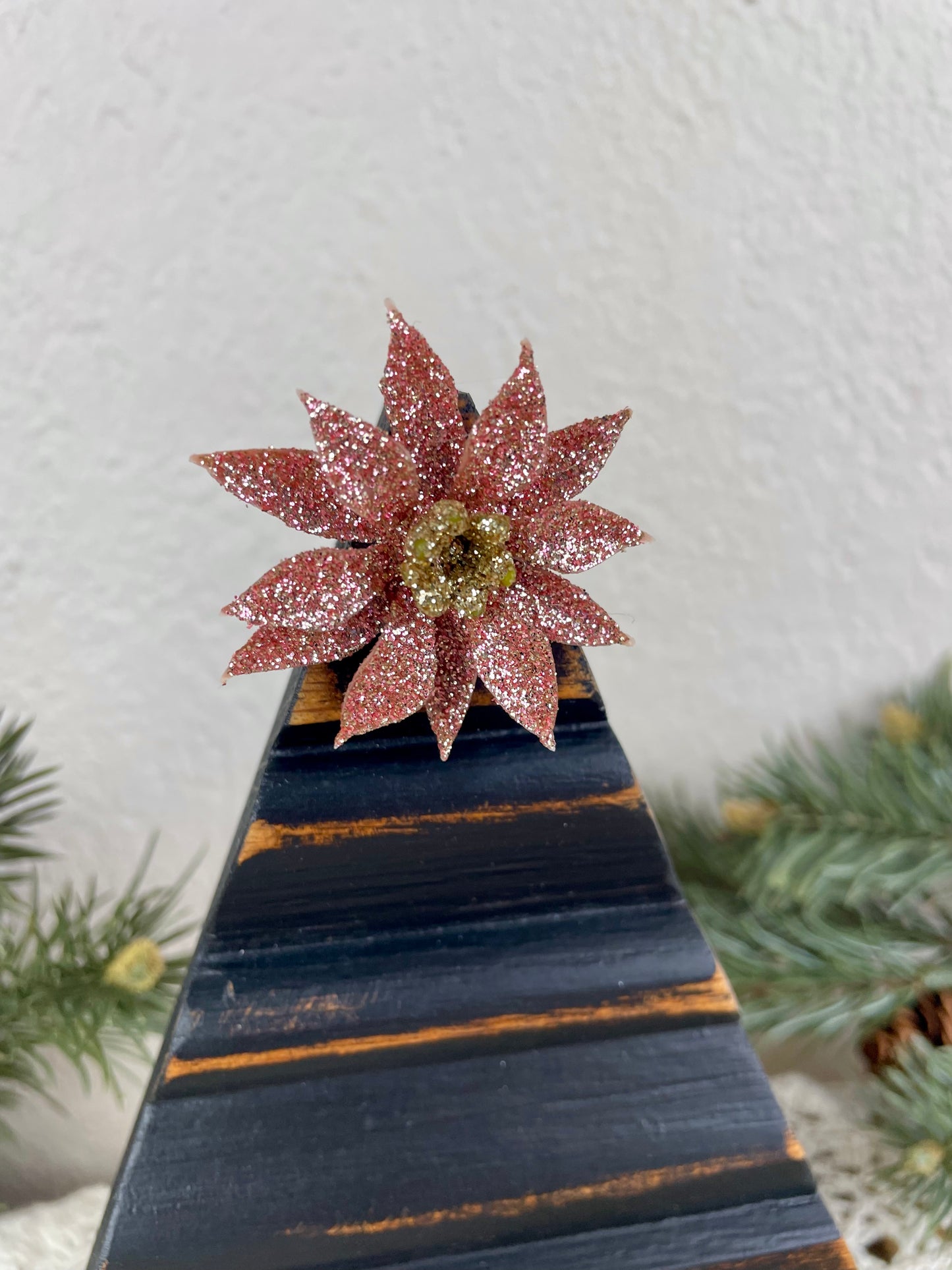 Upcycled Small Vintage Trim Black Christmas Tree with Pink Poinsettia