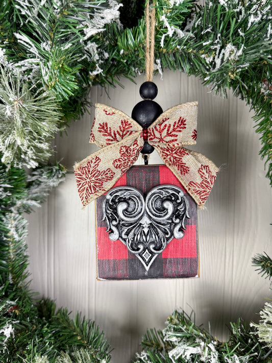 Handmade Wood Block Ornament- Red & Black with Silver Heart