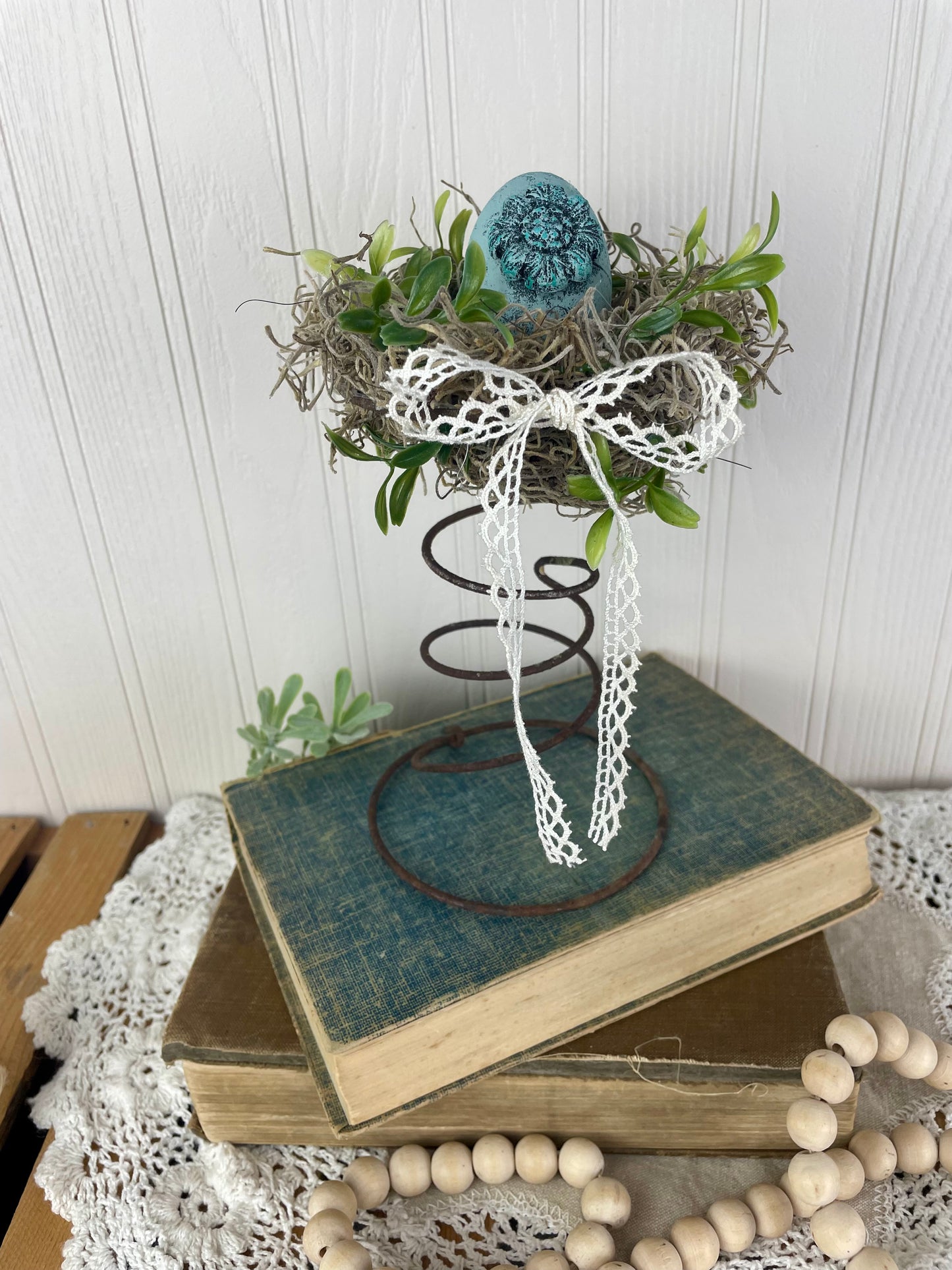 Handmade Rustic Bed Spring Nest with Blue Egg