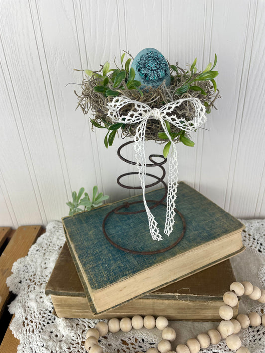 Handmade Rustic Bed Spring Nest with Blue Egg