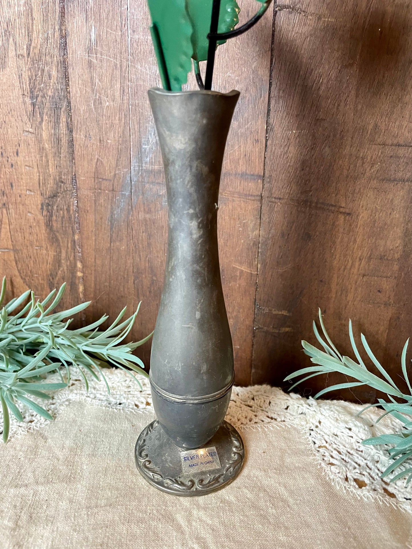 Vintage Silverplate Bud Vase with Metal Rose