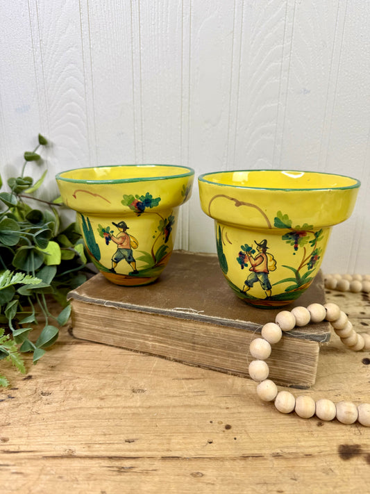 Vintage Hand Painted Italian Majolica Pottery Planter Set