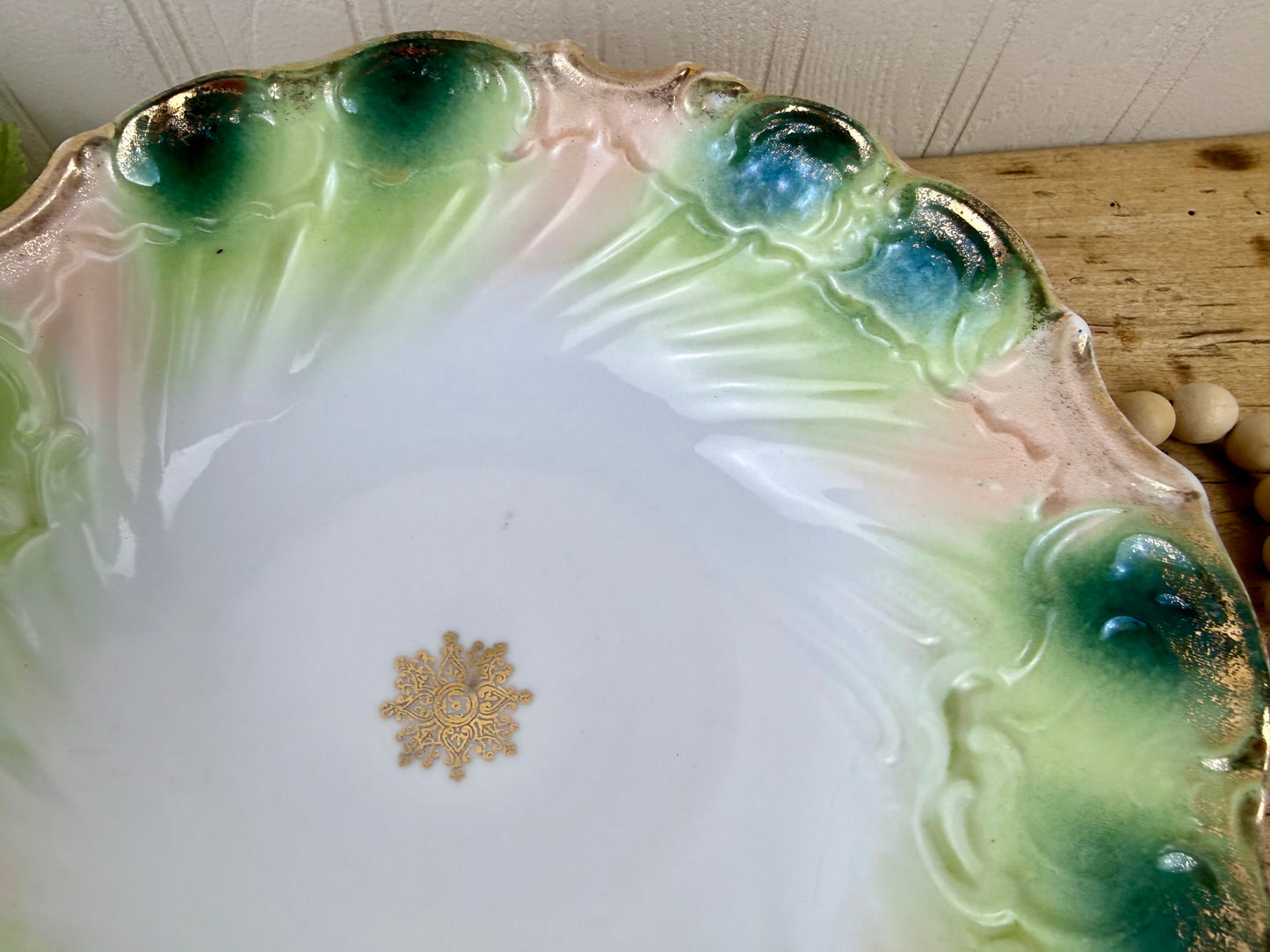Vintage Green & Pink Porcelain Serving Bowl