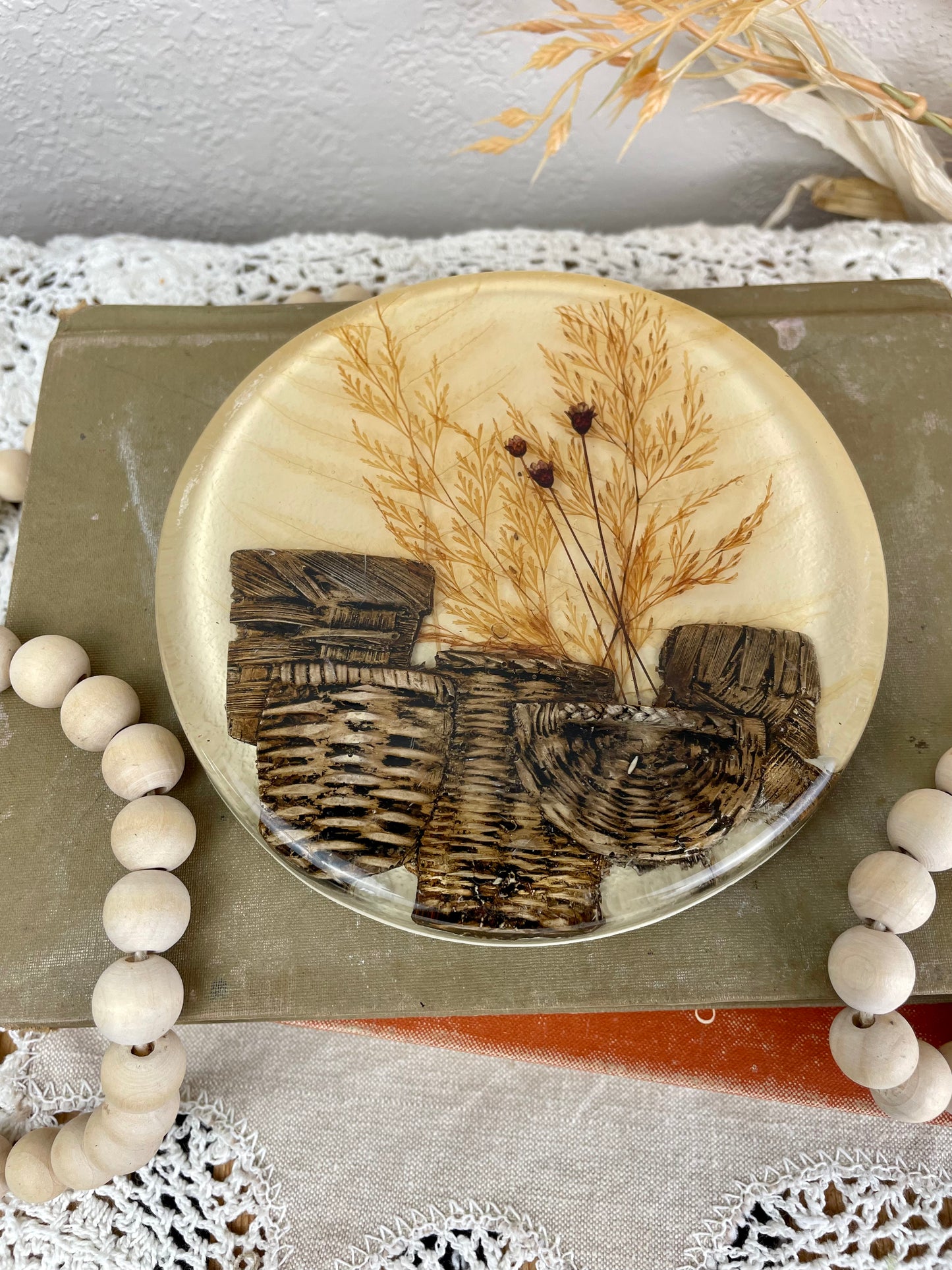 Vintage 1970’s Lucite Trivet with Dried Florals and Wicker Baskets