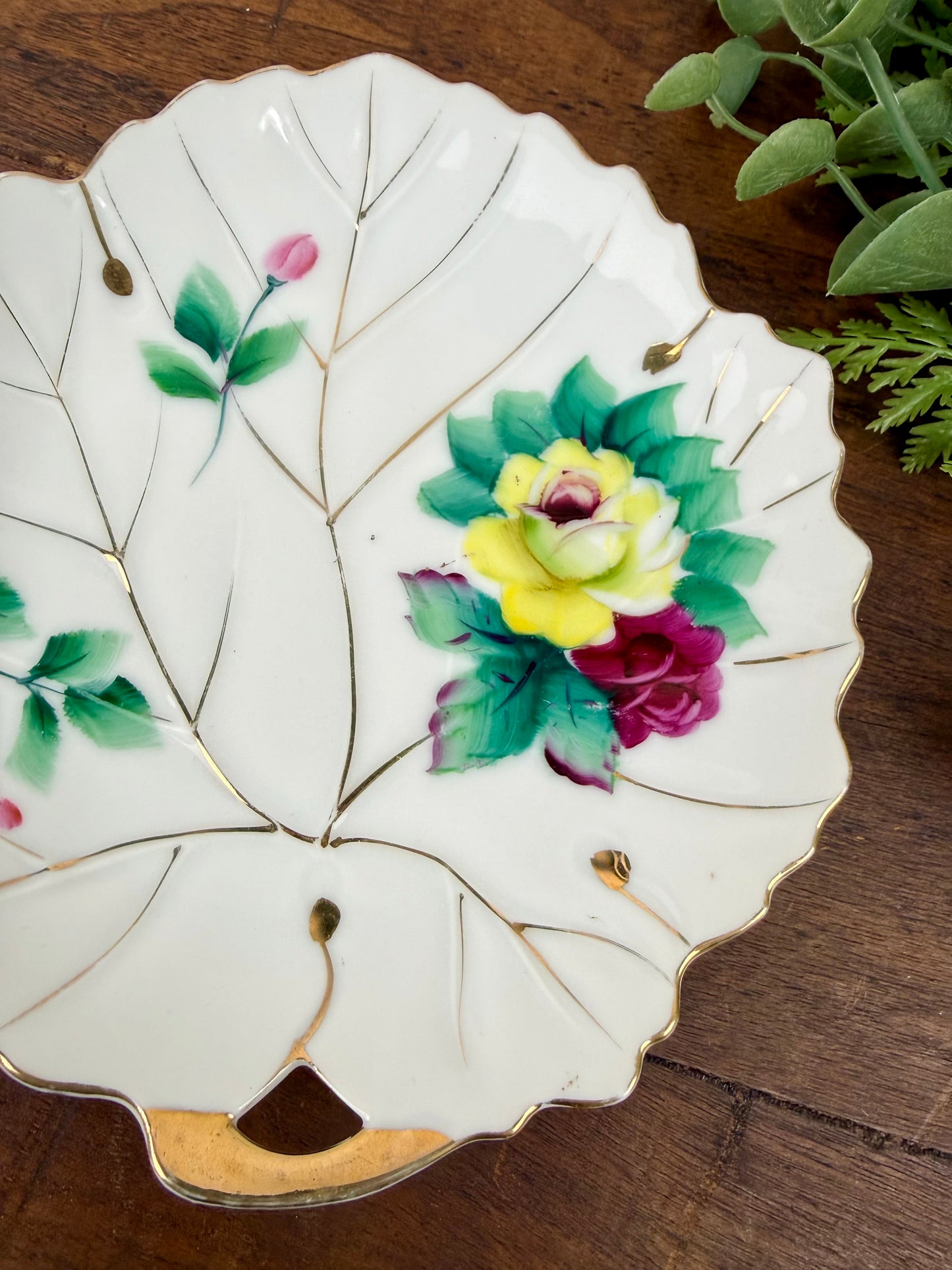 Vintage Hand Painted Japanese Porcelain Leaf Plate