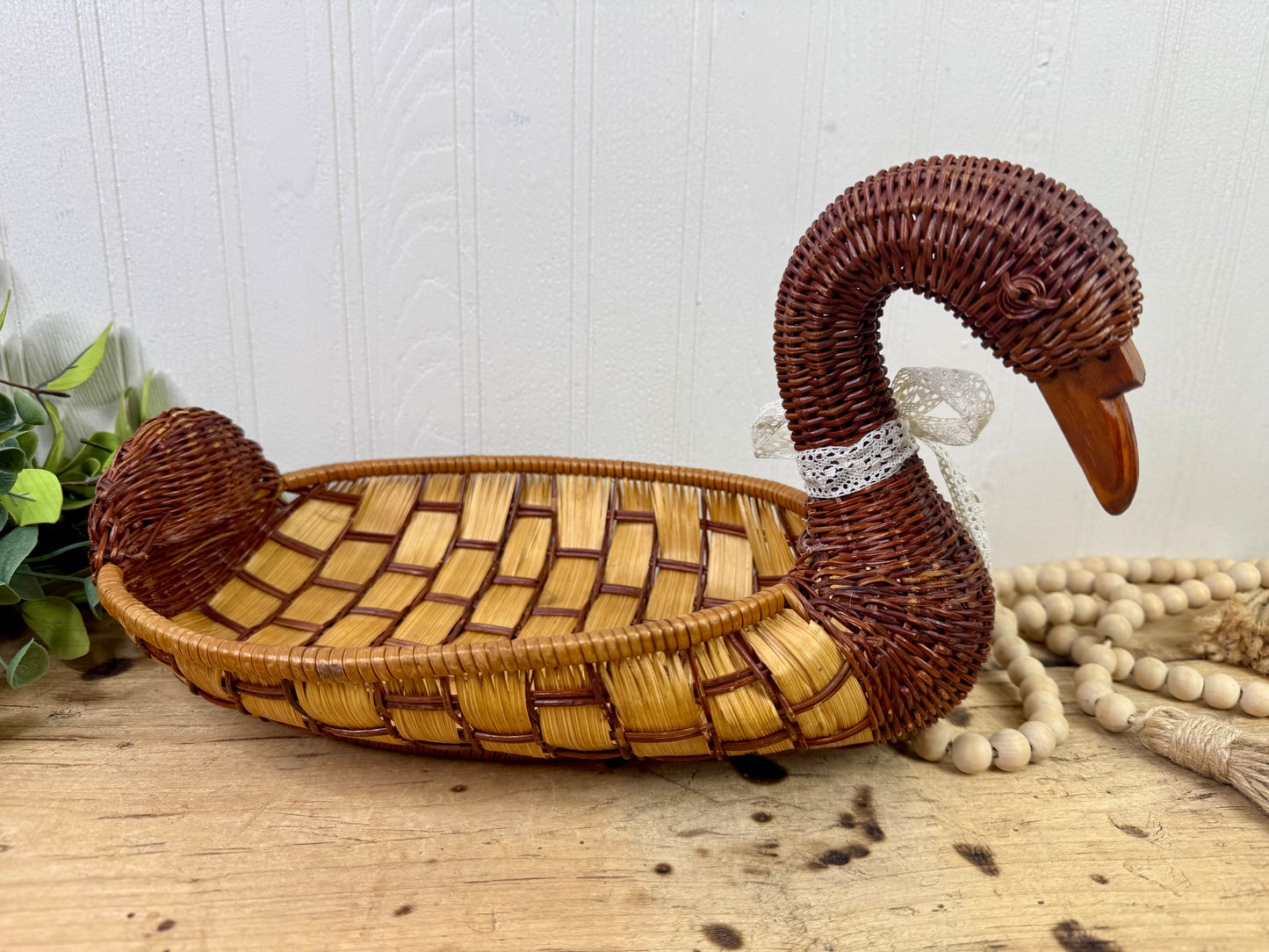 Vintage Wicker Duck Basket with Lace Bow
