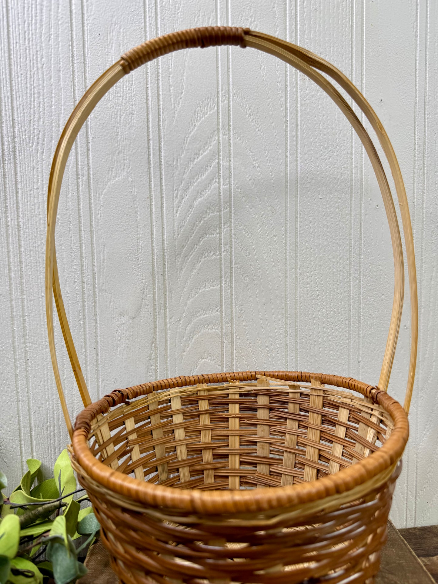 Vintage Two-Toned Wicker Basket with Handle