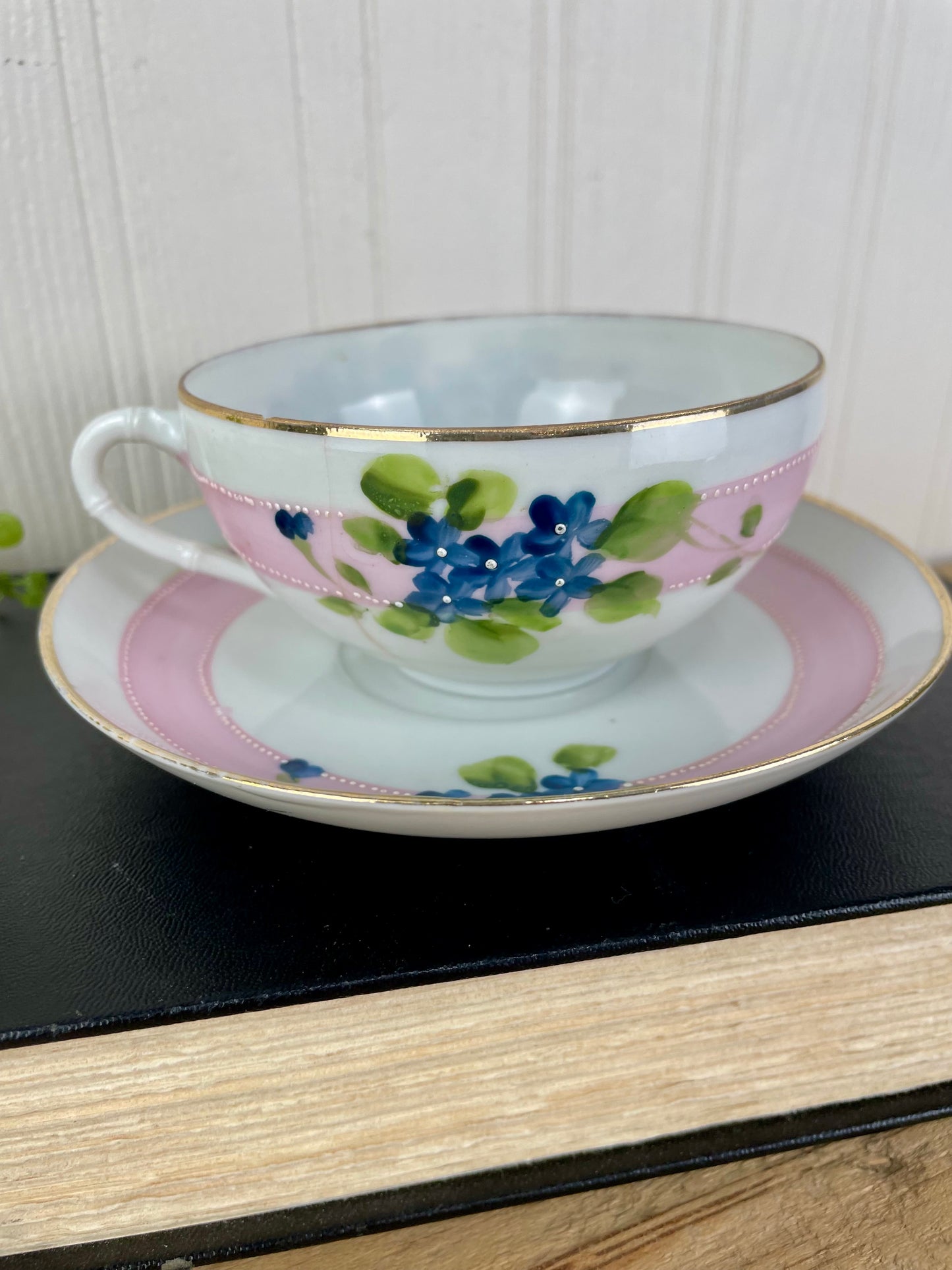 Vintage Hand Painted Blue Floral & Pink Striped Nippon Teacup & Saucer Set