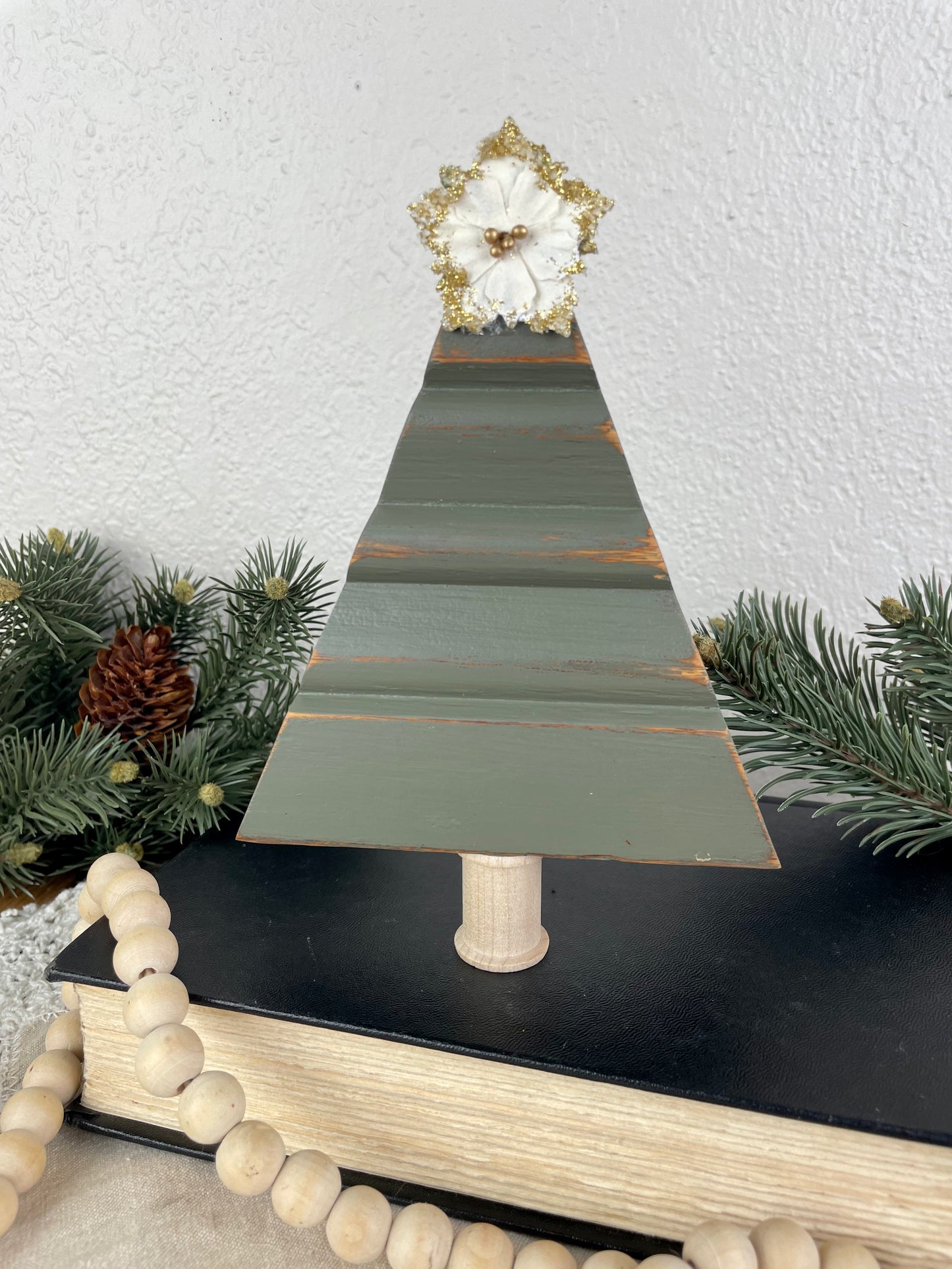 Upcycled Small Vintage Trim Green Christmas Tree with White Poinsettia