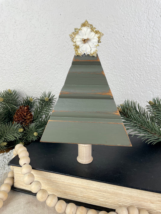 Upcycled Small Vintage Trim Green Christmas Tree with White Poinsettia