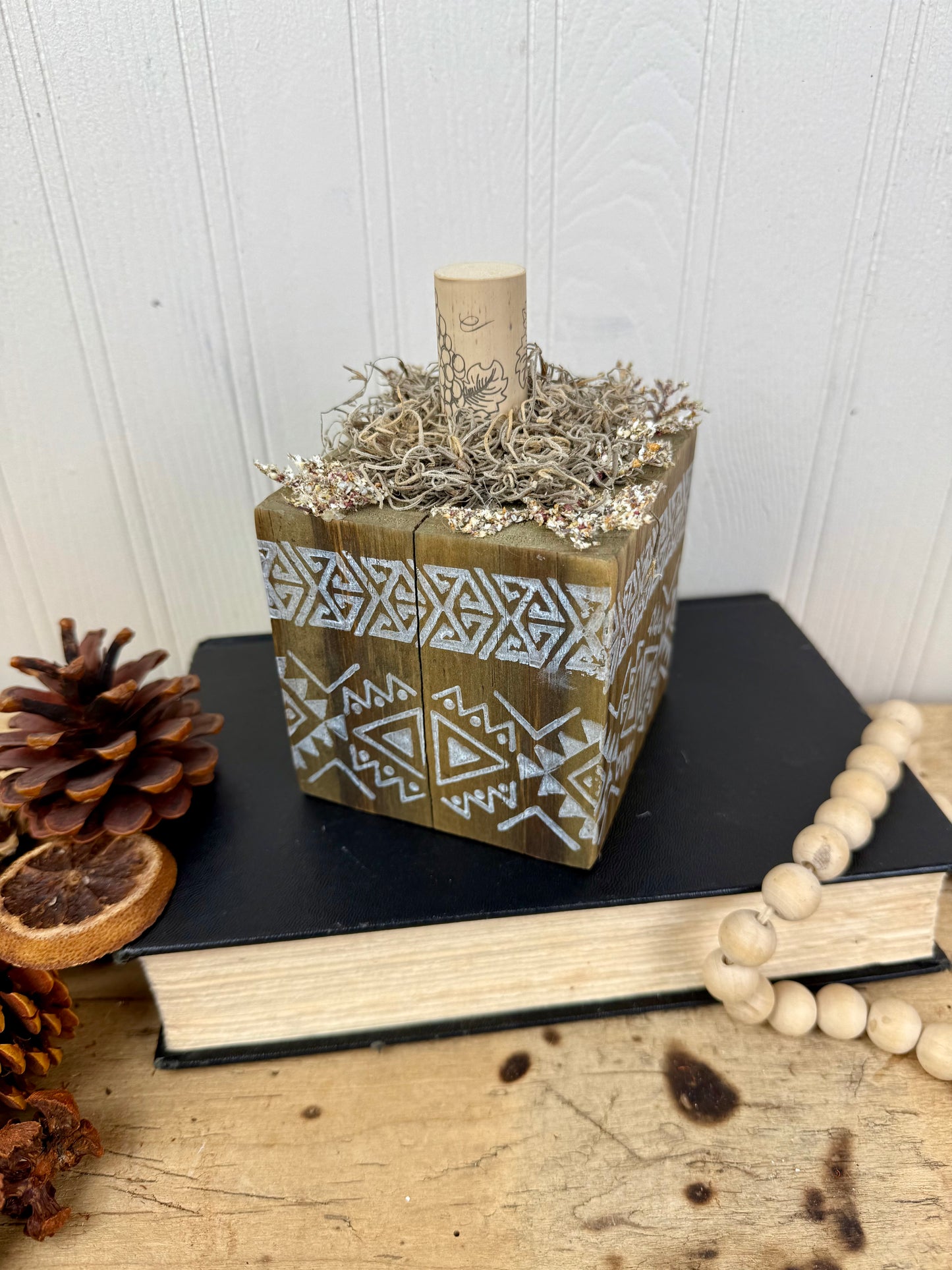 Handmade Reclaimed Wood Tribal Print Block Pumpkin