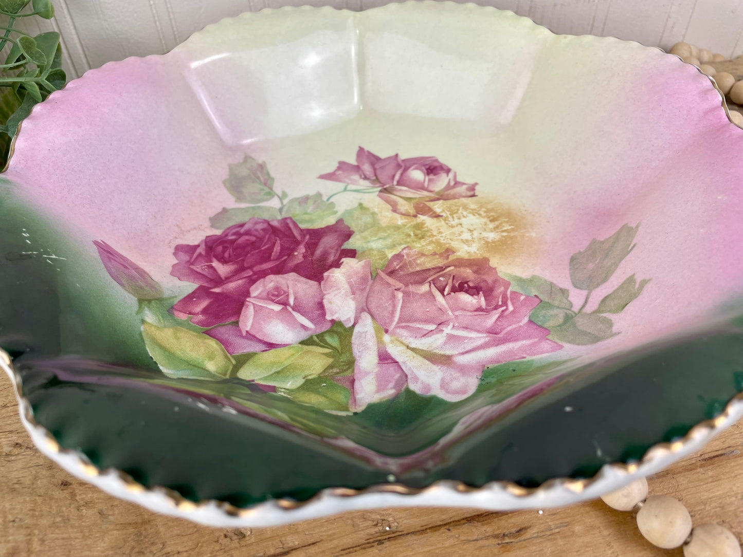 Vintage Scalloped Porcelain Bowl with Roses