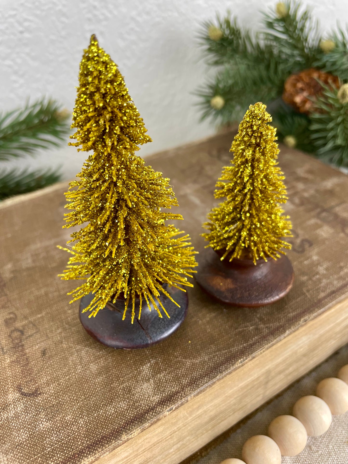 Gold Bottle Brush Tree Set with Wood Knob Bases