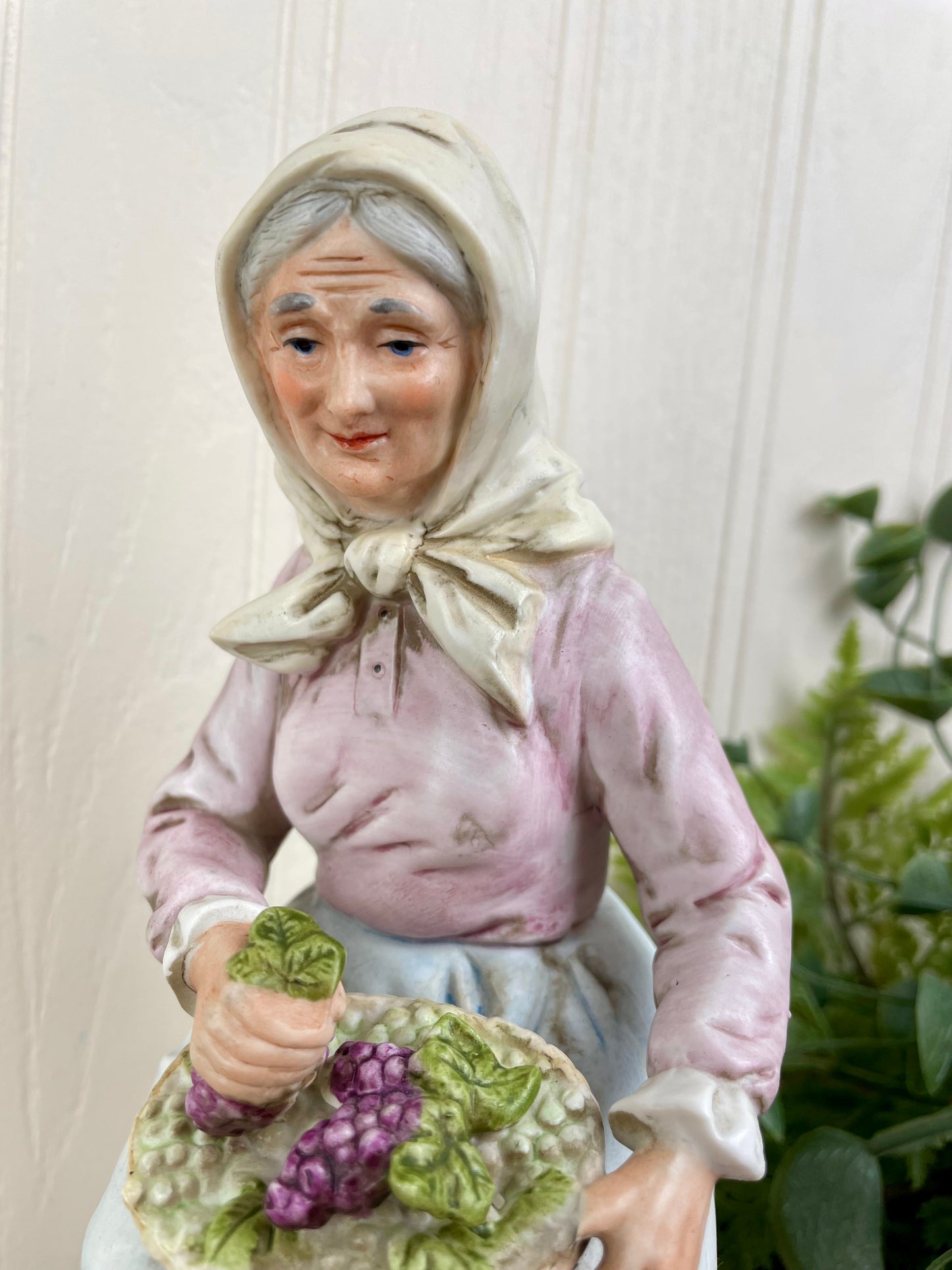 Vintage Homco Ceramic Figurine- Old Woman with Grape Basket