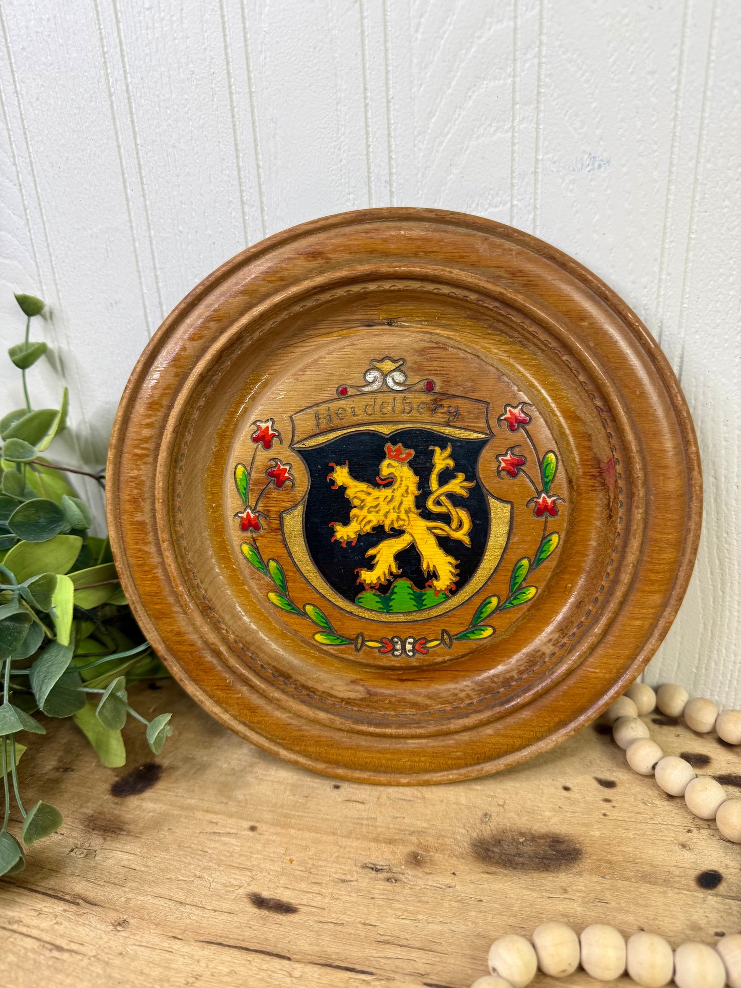 Vintage Hand-Painted Wooden Souvenir Plate from Heidelberg Germany