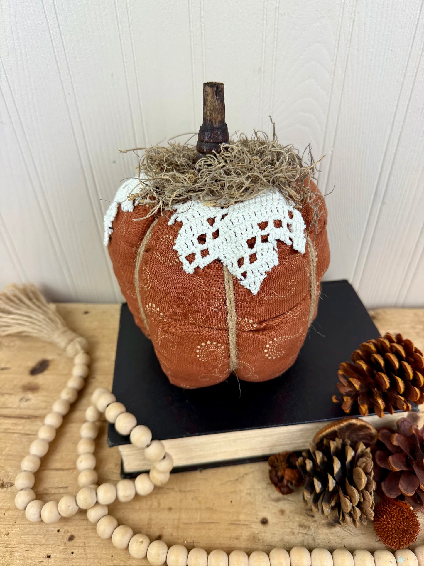 Handmade Plush Pumpkin with Doily Leaves