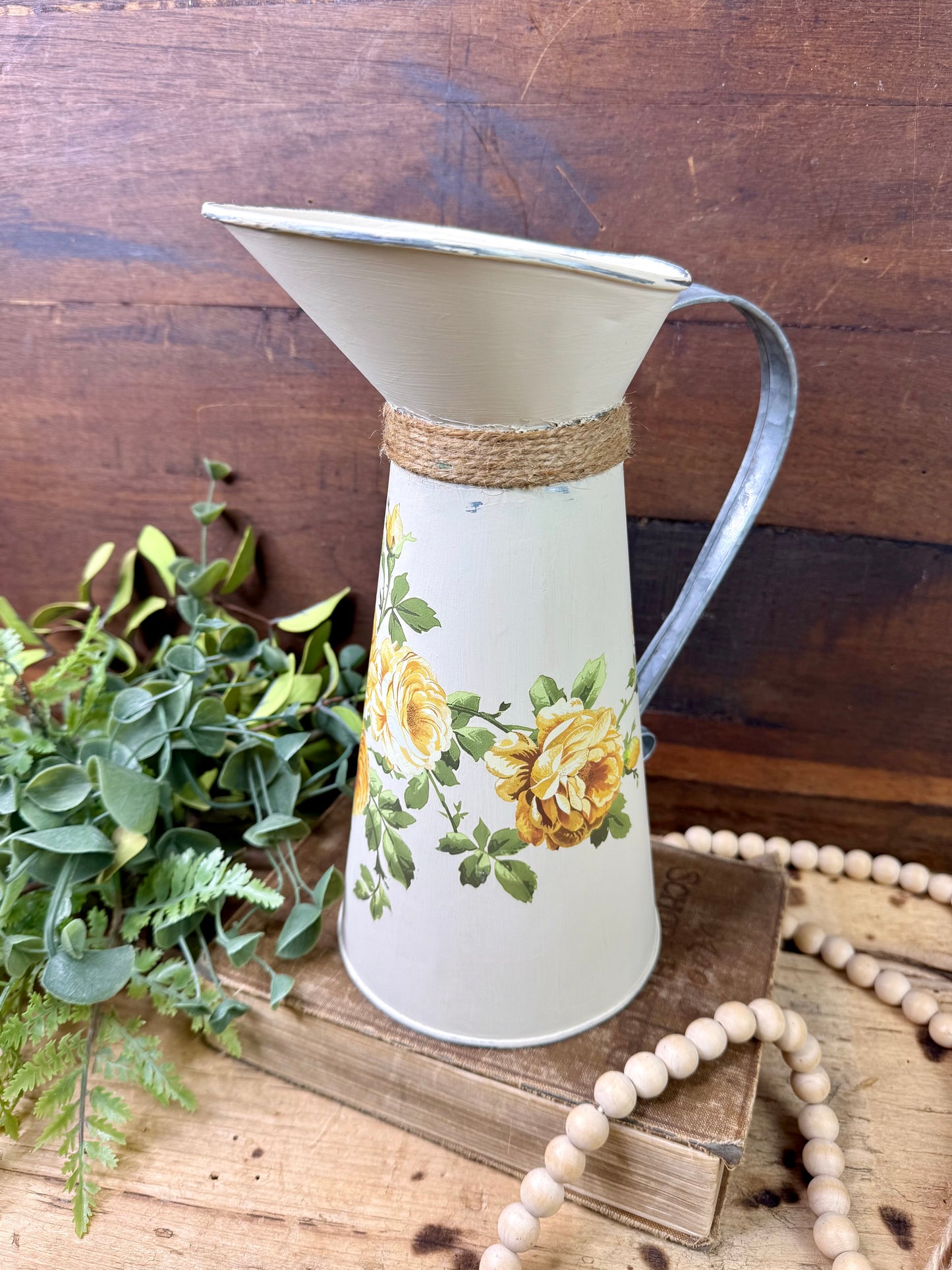 Upcycled Metal Pitcher with Yellow Roses