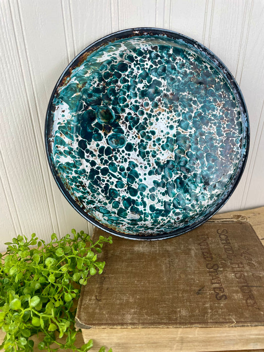 Vintage Teal & White Enamel Bowl with Black Rim