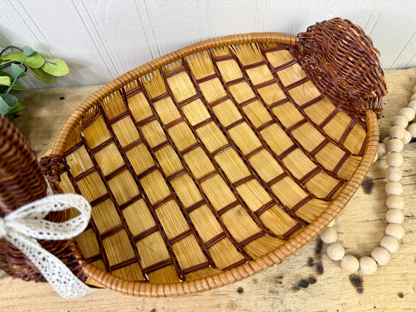 Vintage Wicker Duck Basket with Lace Bow